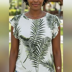 H&M Green Leaf Print Ruffle Sleeve Tee